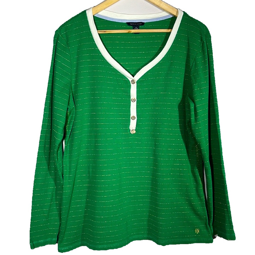 Tommy Hilfiger Women’s Green Cotton Y2K V-Neck Shirt Gold Pinstripes Size XL